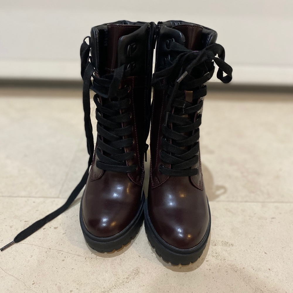 burgundy/black stacked heel hiker boots